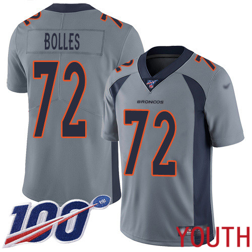 Youth Denver Broncos #72 Garett Bolles Limited Silver Inverted Legend 100th Season Football NFL Jersey->youth nfl jersey->Youth Jersey